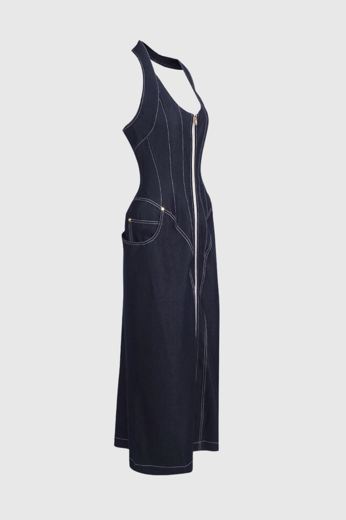 Cirillo Halter Neck Corset Denim Maxi Dress - Stylish beautiful dress for special occasions | Buy Online