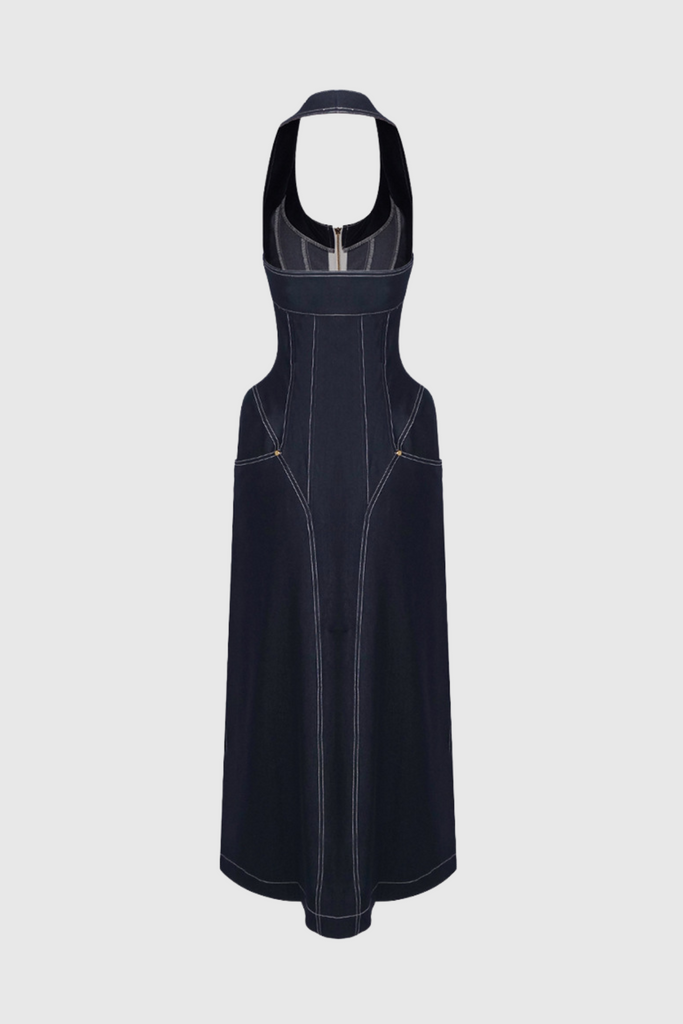 Stylish beautiful dress | Cirillo Halter Neck Corset Denim Maxi Dress - Ideal for special occasions