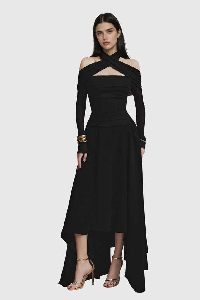 Clarisse Asymmetric Cutout Ruffle Maxi Dress - Stylish beautiful dress for special occasions | Buy Online