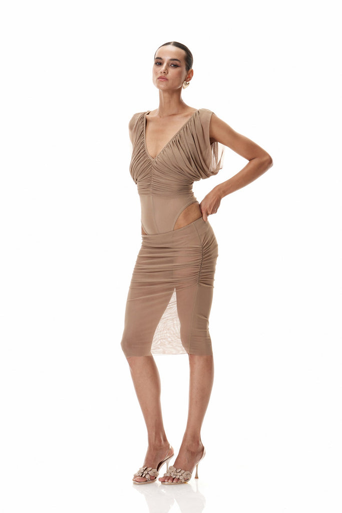 Stylish beautiful dress | Cleitus V Neck Ruch Skirt Set - Ideal for special occasions