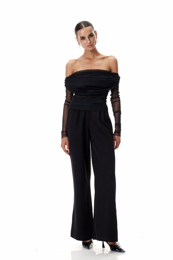 Clement Off Shoulder Ruch Mesh Top In Black - Stylish black dress for special occasions | Buy Online