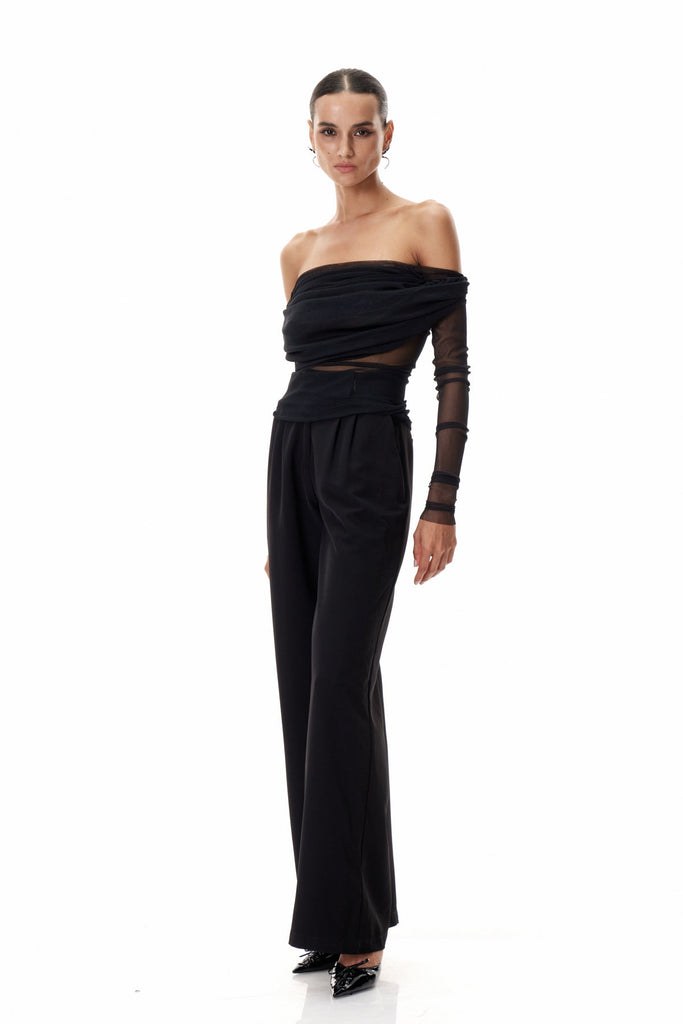 Stylish black dress | Clement Off Shoulder Ruch Mesh Top In Black - Ideal for special occasions