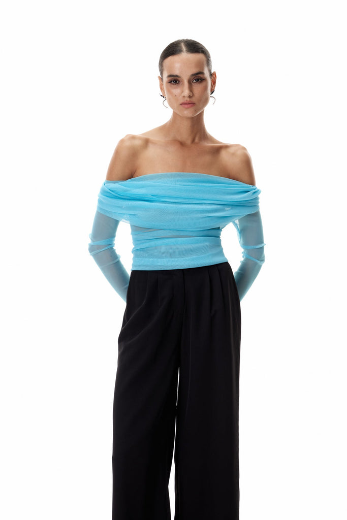 Shop  blue dress - Perfect for special occasions | Clement Off Shoulder Ruch Mesh Top In Blue