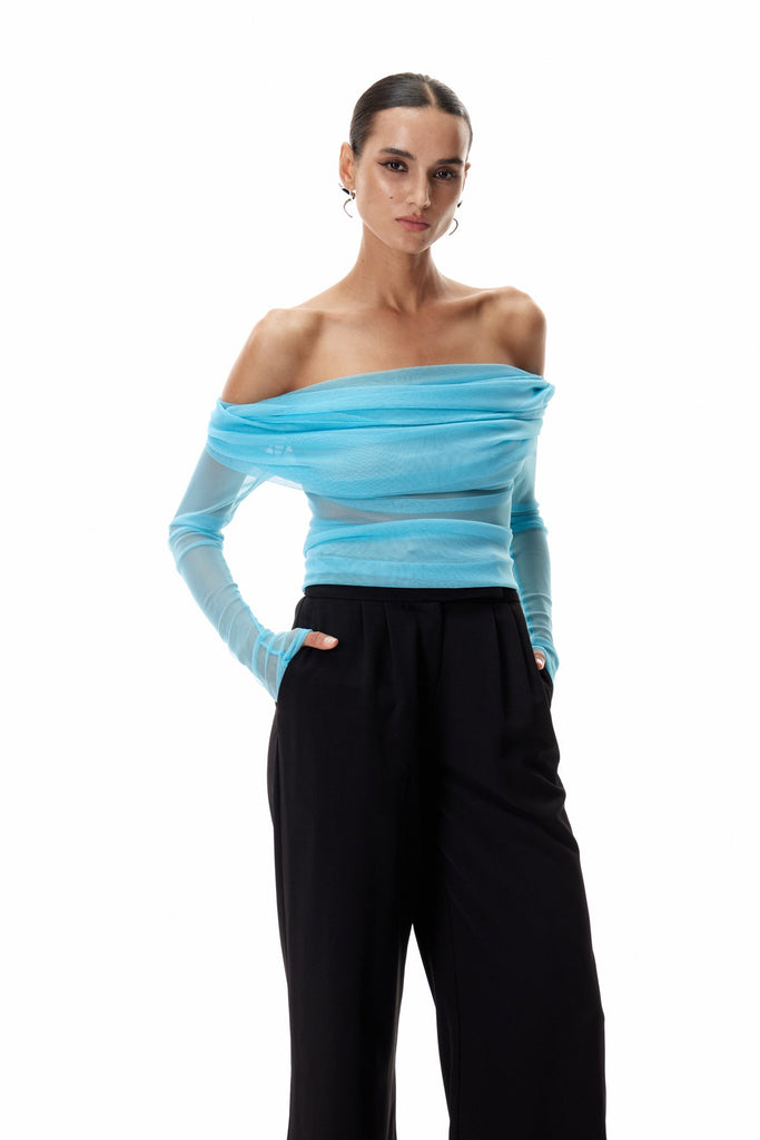 Clement Off Shoulder Ruch Mesh Top In Blue - Stylish blue dress for special occasions | Buy Online