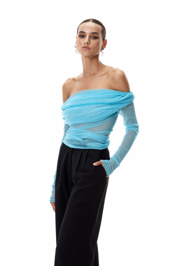 Clement Off Shoulder Ruch Mesh Top In Blue - Stylish blue dress for special occasions | Buy Online