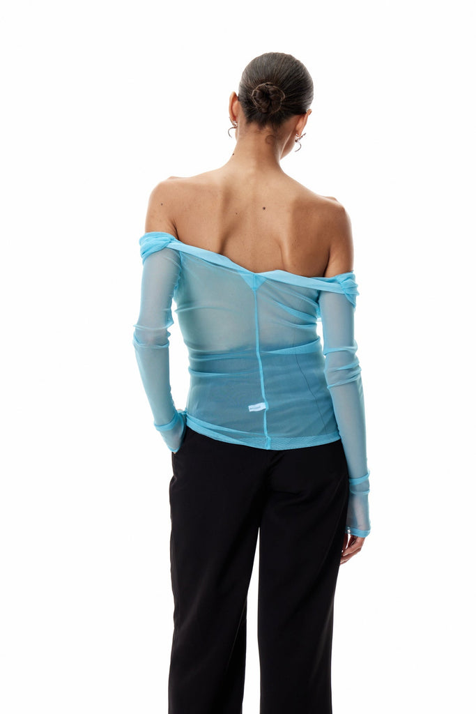 Shop  blue dress - Perfect for special occasions | Clement Off Shoulder Ruch Mesh Top In Blue