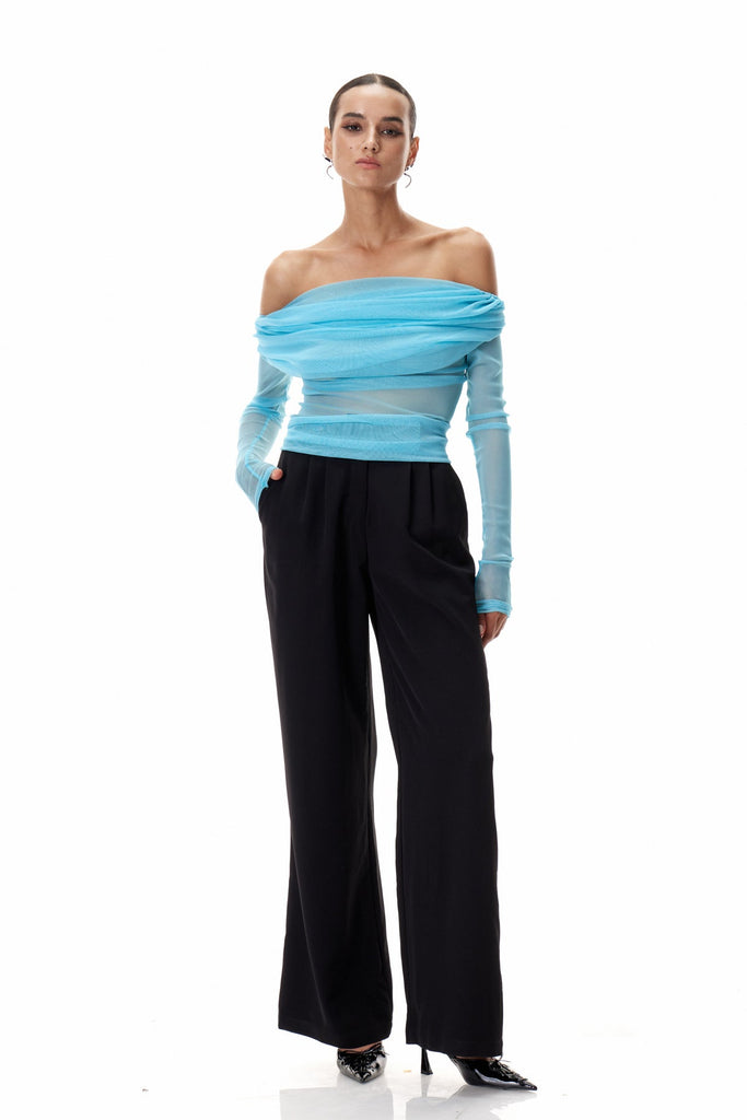 Clement Off Shoulder Ruch Mesh Top In Blue - Stylish blue dress for special occasions | Buy Online