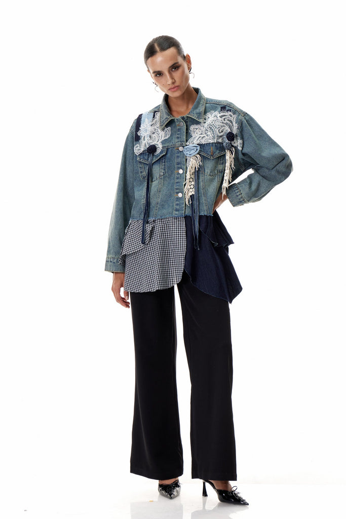Clementia Patchwork Grid Denim Jacket - Stylish beautiful dress for special occasions | Buy Online