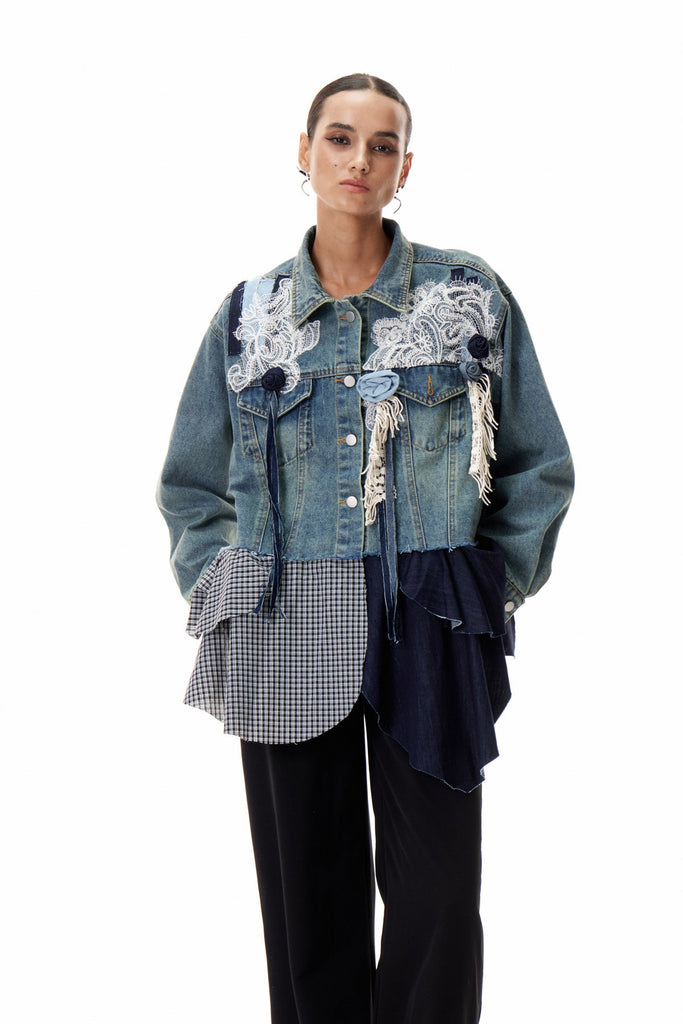 Shop  beautiful dress - Perfect for special occasions | Clementia Patchwork Grid Denim Jacket