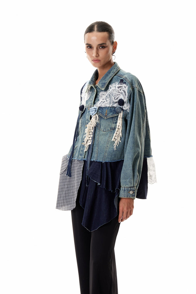 Stylish beautiful dress | Clementia Patchwork Grid Denim Jacket - Ideal for special occasions