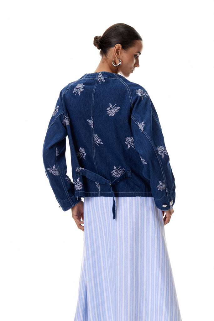 Stylish red dress | Clementius Pearl Embroidered Denim Jacket - Ideal for special occasions