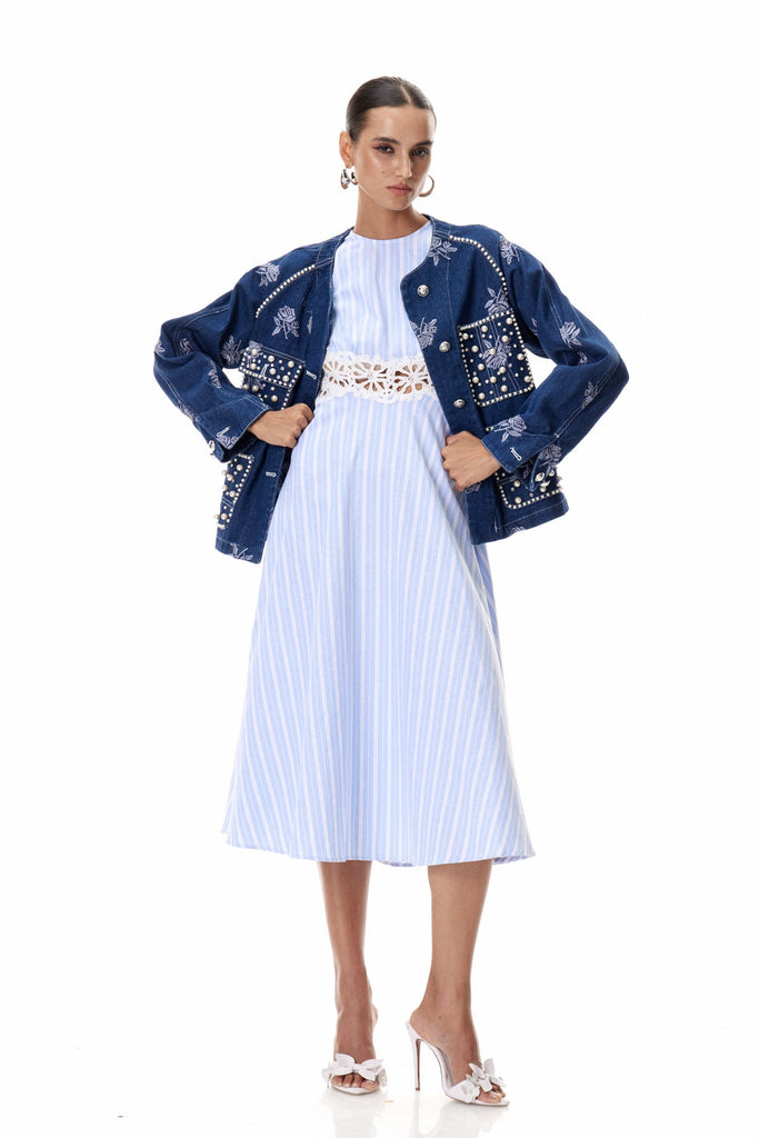 Shop  red dress - Perfect for special occasions | Clementius Pearl Embroidered Denim Jacket