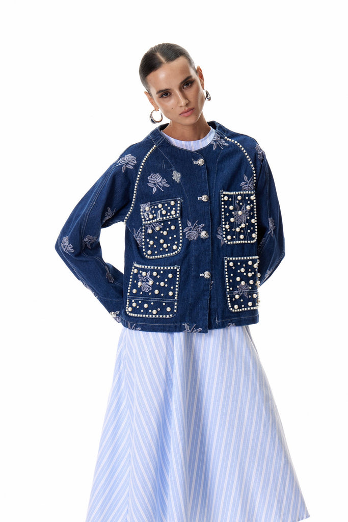 Clementius Pearl Embroidered Denim Jacket - Stylish red dress for special occasions | Buy Online