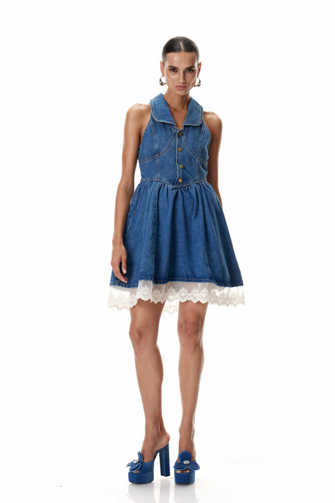 Shop  beautiful dress - Perfect for special occasions | Cleo Sleeveless Ruffle Denim Mini Dress