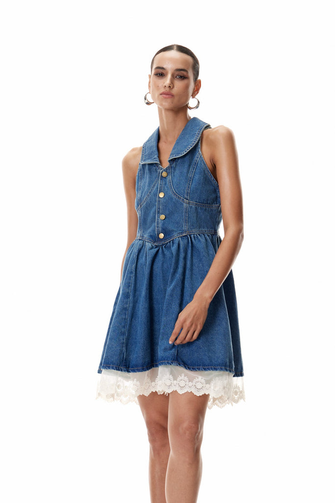 Stylish beautiful dress | Cleo Sleeveless Ruffle Denim Mini Dress - Ideal for special occasions