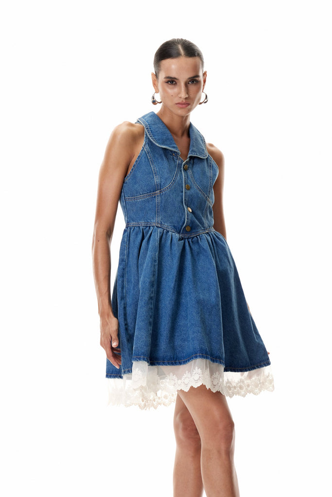 Shop  beautiful dress - Perfect for special occasions | Cleo Sleeveless Ruffle Denim Mini Dress