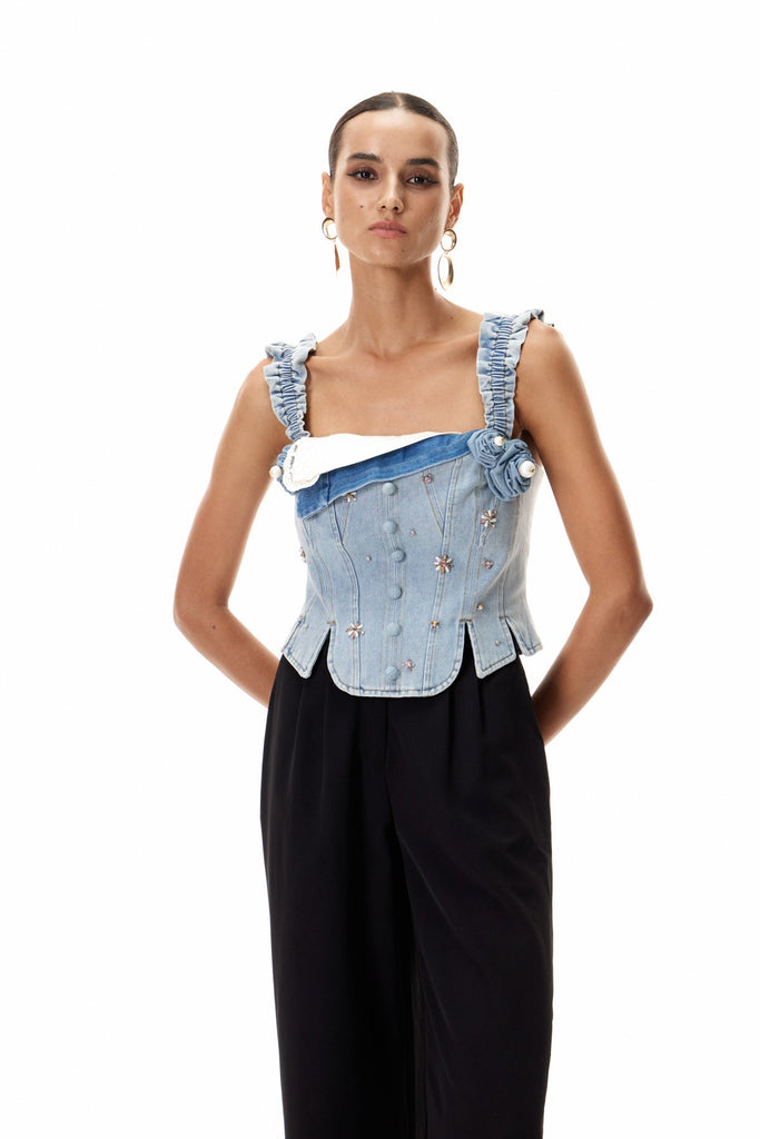 Cleon Embellished Corset Denim Top - Stylish beautiful dress for special occasions | Buy Online