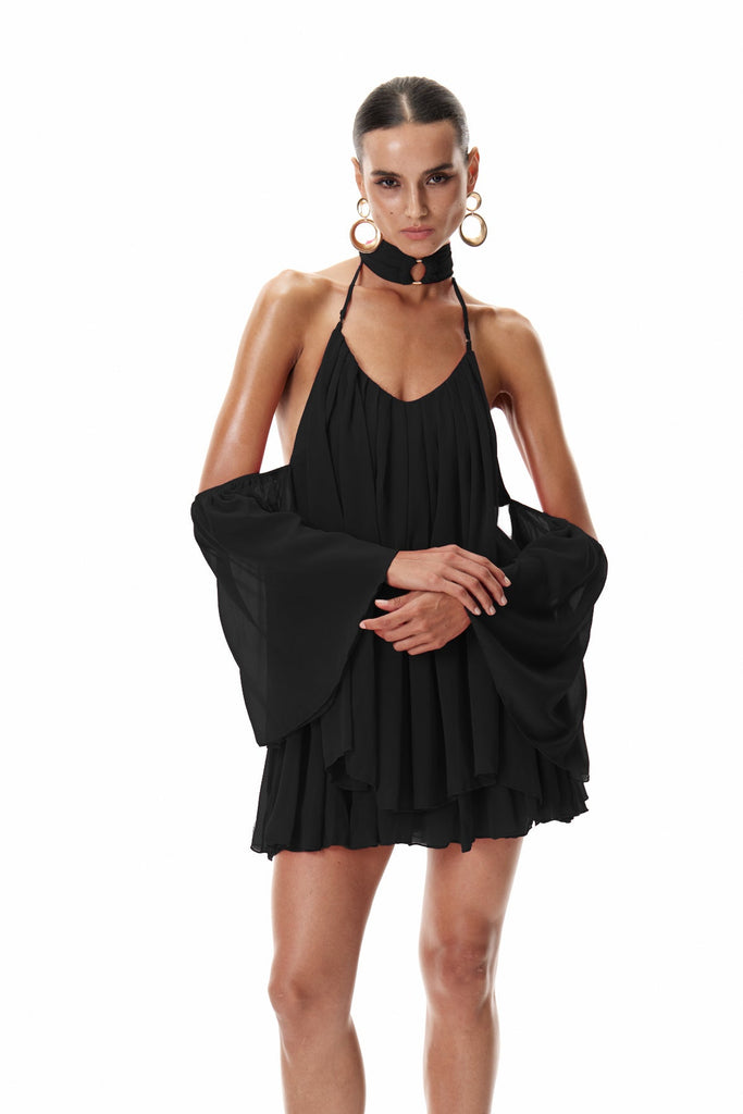 Cleto Off Shoulder Ruch Mini Dress In Black - Stylish black dress for special occasions | Buy Online