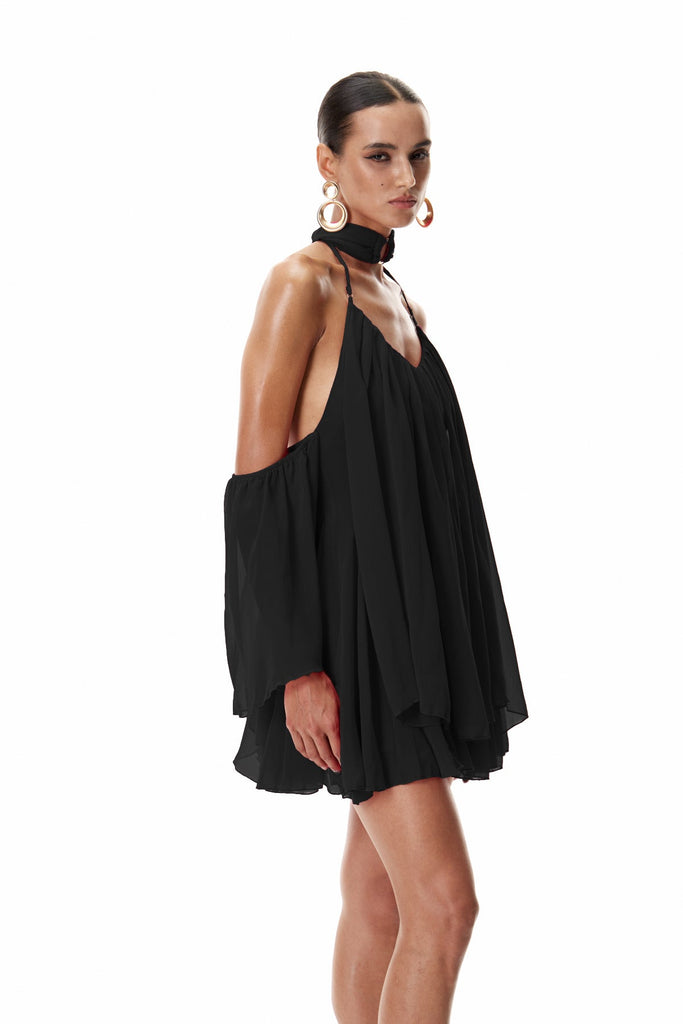 Cleto Off Shoulder Ruch Mini Dress In Black - Stylish black dress for special occasions | Buy Online