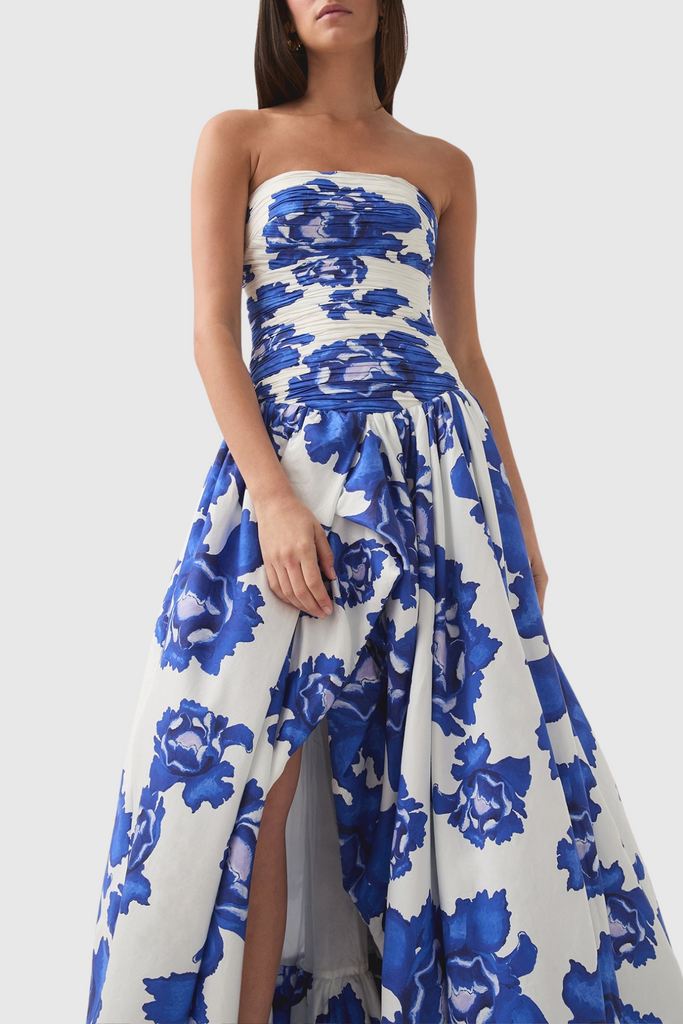 Stylish blue dress | Coleka Floral Print Strapless Ruched Maxi Dress - Blue - Ideal for special occasions