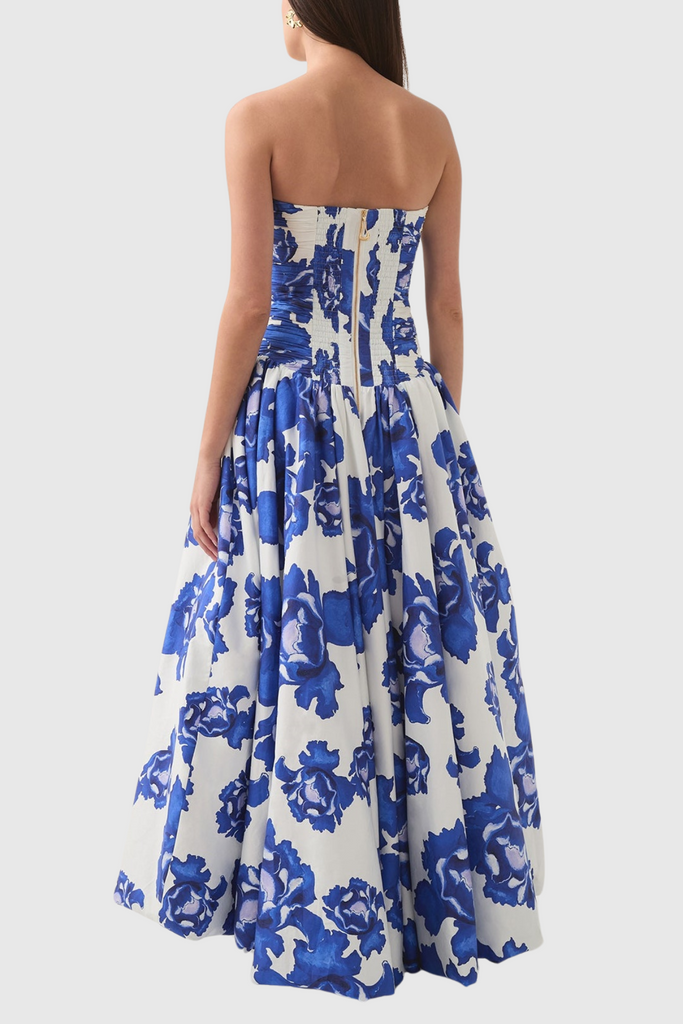 Coleka Floral Print Strapless Ruched Maxi Dress - Blue - Stylish blue dress for special occasions | Buy Online