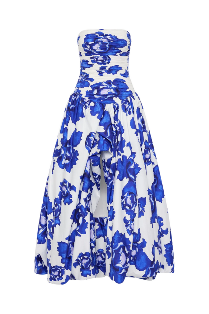 Coleka Floral Print Strapless Ruched Maxi Dress - Blue - Stylish blue dress for special occasions | Buy Online