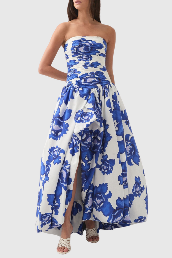 Coleka Floral Print Strapless Ruched Maxi Dress - Blue - Stylish blue dress for special occasions | Buy Online