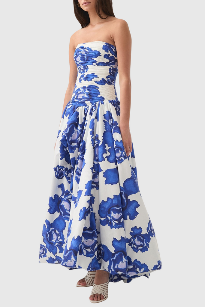 Coleka Floral Print Strapless Ruched Maxi Dress - Blue - Stylish blue dress for special occasions | Buy Online