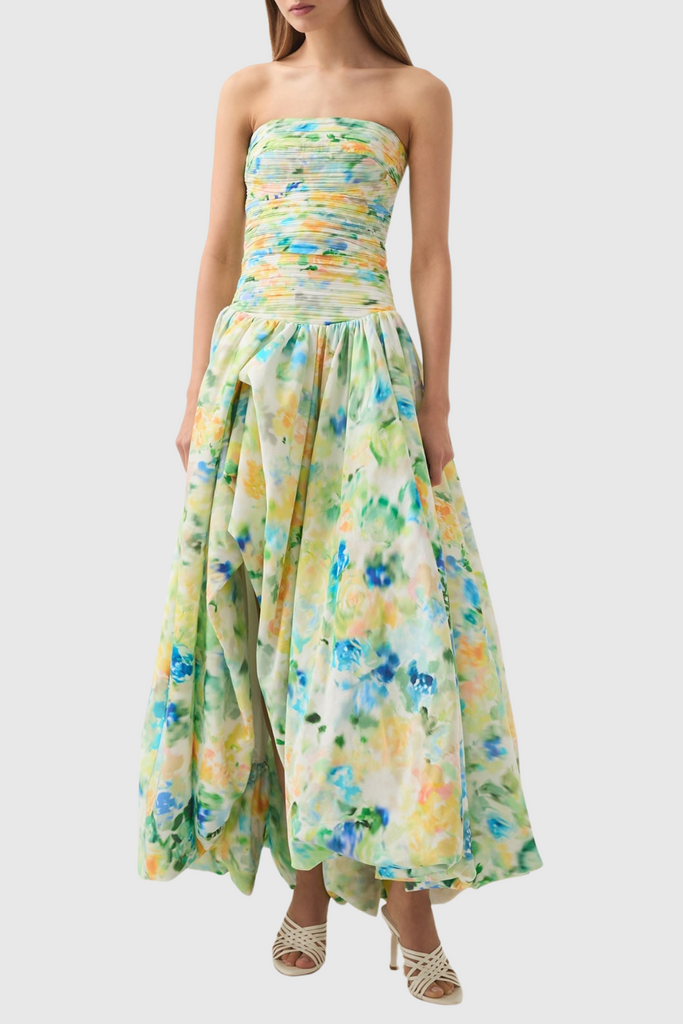 Coleka Floral Print Strapless Ruched Maxi Dress - Green - Stylish green dress for special occasions | Buy Online