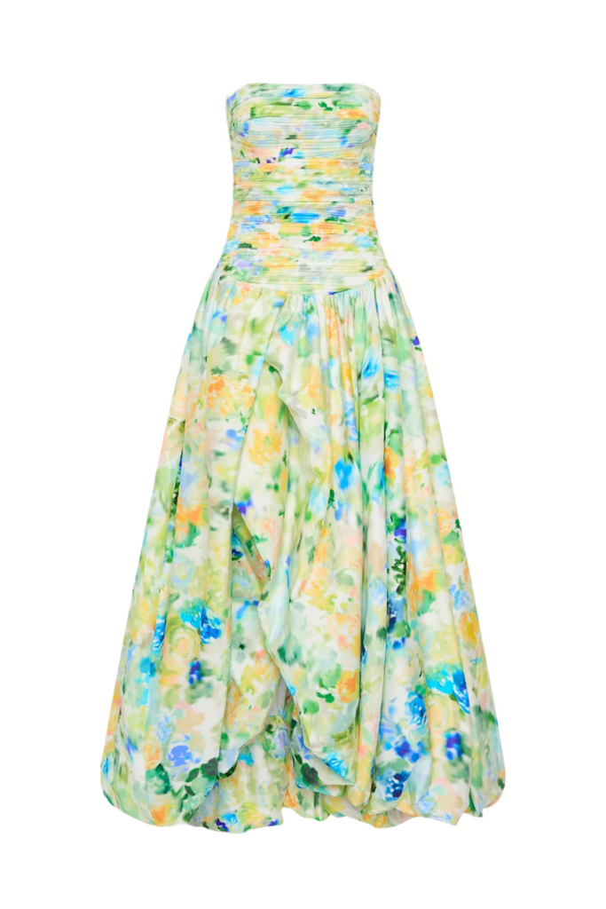 Shop  green dress - Perfect for special occasions | Coleka Floral Print Strapless Ruched Maxi Dress - Green