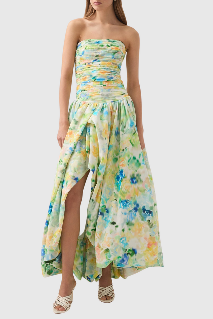 Shop  green dress - Perfect for special occasions | Coleka Floral Print Strapless Ruched Maxi Dress - Green