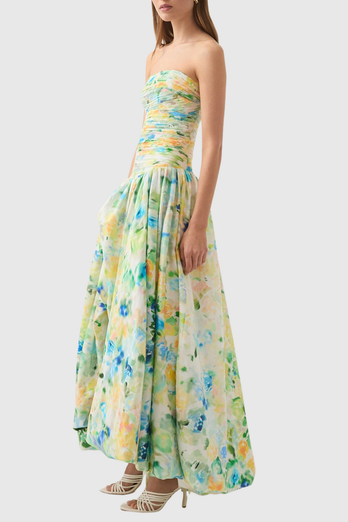 Coleka Floral Print Strapless Ruched Maxi Dress - Green - Stylish green dress for special occasions | Buy Online