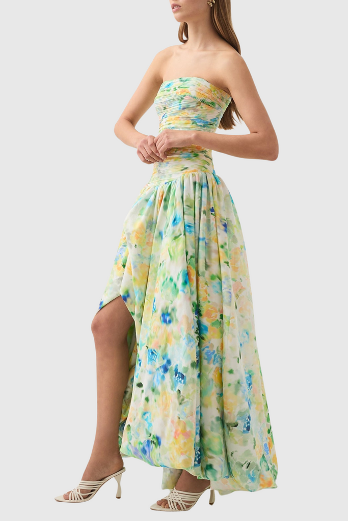 Coleka Floral Print Strapless Ruched Maxi Dress - Green - Stylish green dress for special occasions | Buy Online