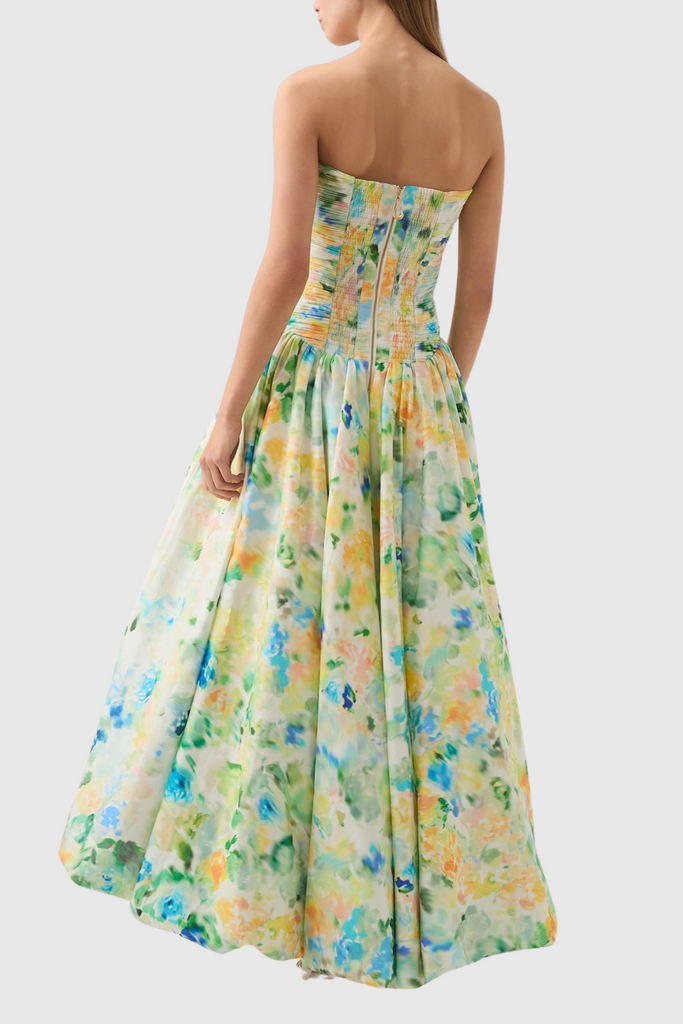 Stylish green dress | Coleka Floral Print Strapless Ruched Maxi Dress - Green - Ideal for special occasions
