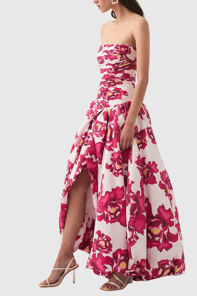 Coleka Floral Print Strapless Ruched Maxi Dress - Pink - Stylish pink dress for special occasions | Buy Online