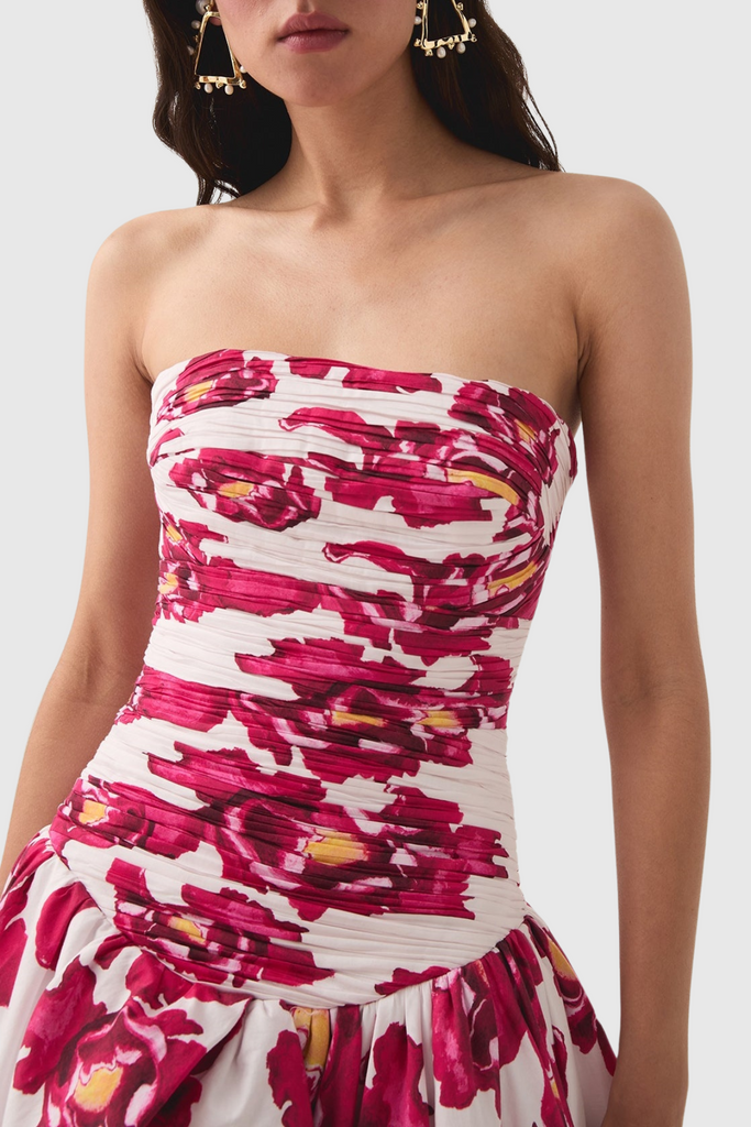 Stylish pink dress | Coleka Floral Print Strapless Ruched Maxi Dress - Pink - Ideal for special occasions