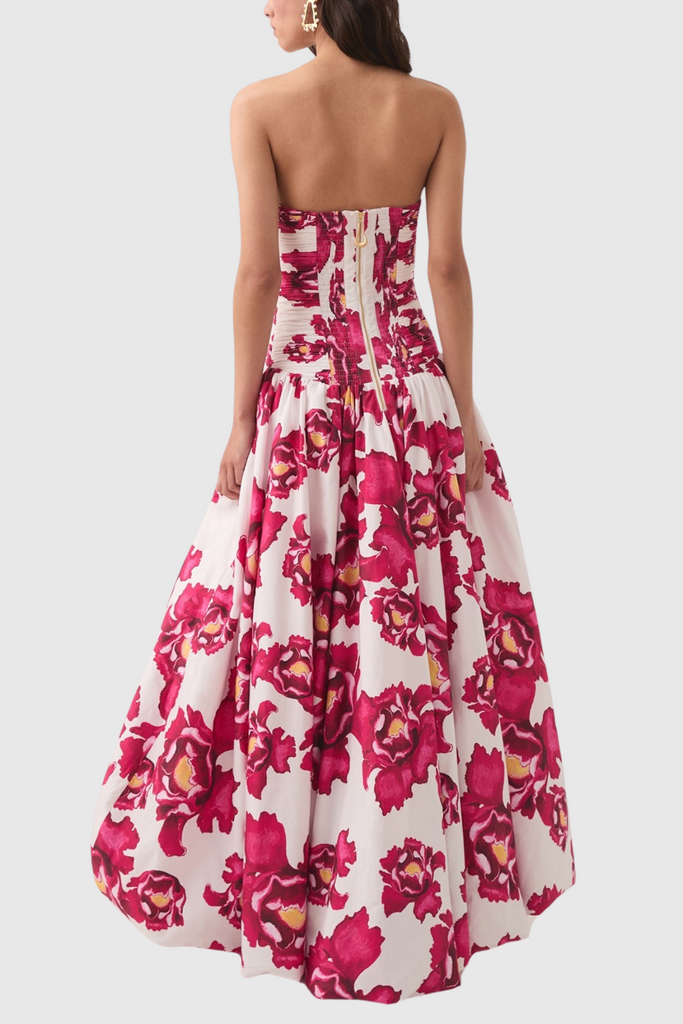 Shop  pink dress - Perfect for special occasions | Coleka Floral Print Strapless Ruched Maxi Dress - Pink
