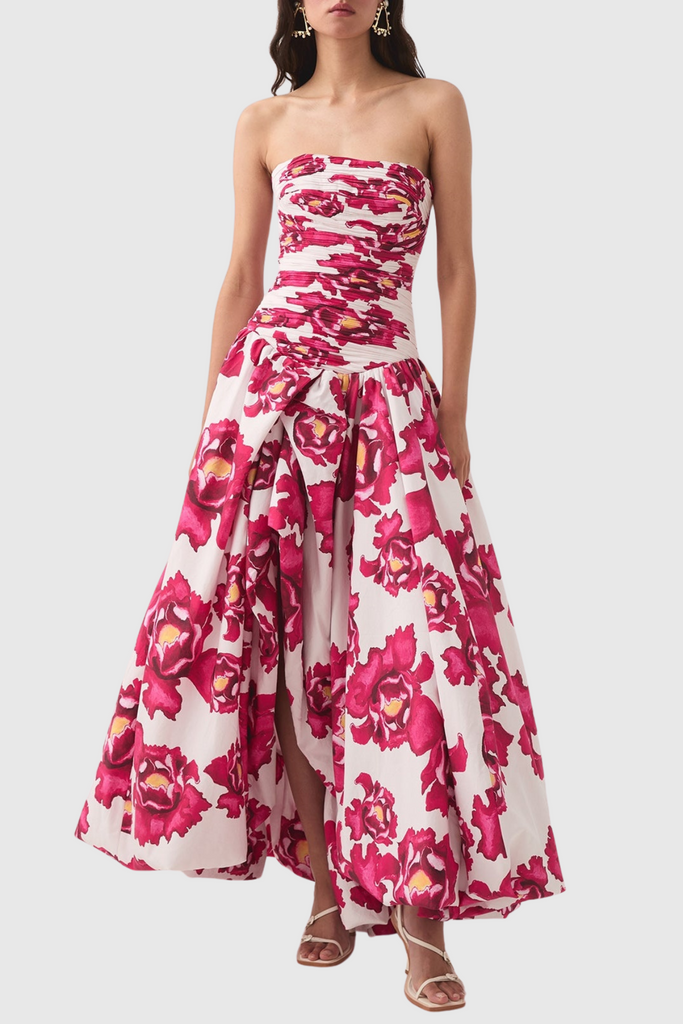 Coleka Floral Print Strapless Ruched Maxi Dress - Pink - Stylish pink dress for special occasions | Buy Online