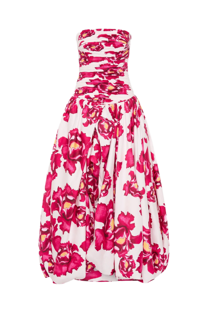 Stylish pink dress | Coleka Floral Print Strapless Ruched Maxi Dress - Pink - Ideal for special occasions