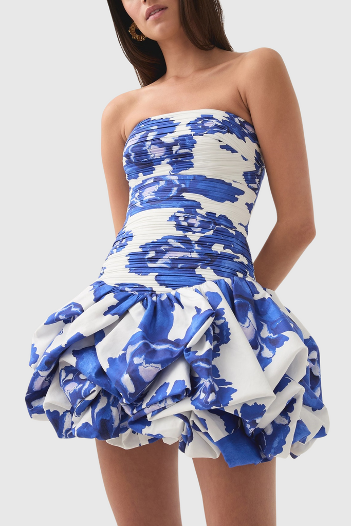 Shop  blue dress - Perfect for special occasions | Coleka Floral Print Strapless Ruched Mini Dress - Blue