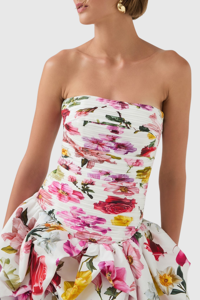 Shop  pink dress - Perfect for special occasions | Coleka Floral Print Strapless Ruched Mini Dress - Floral pink