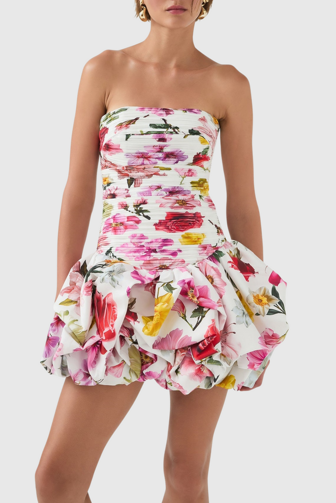 Stylish pink dress | Coleka Floral Print Strapless Ruched Mini Dress - Floral pink - Ideal for special occasions