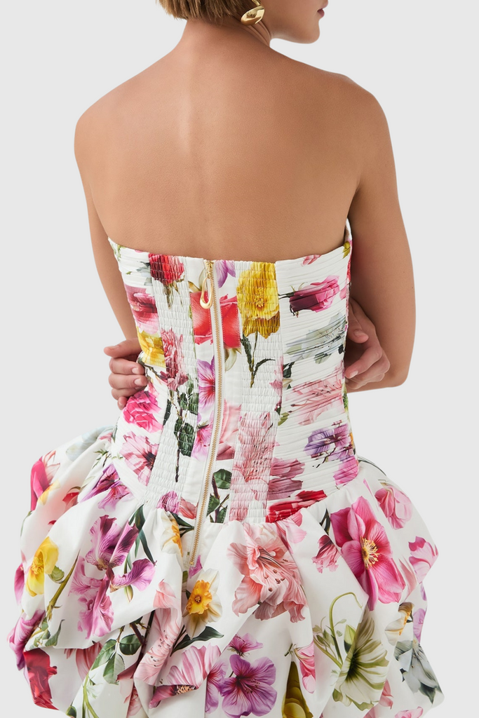Shop  pink dress - Perfect for special occasions | Coleka Floral Print Strapless Ruched Mini Dress - Floral pink