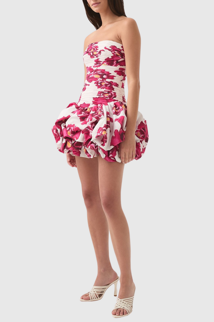 Coleka Floral Print Strapless Ruched Mini Dress - Rose pink - Stylish pink dress for special occasions | Buy Online
