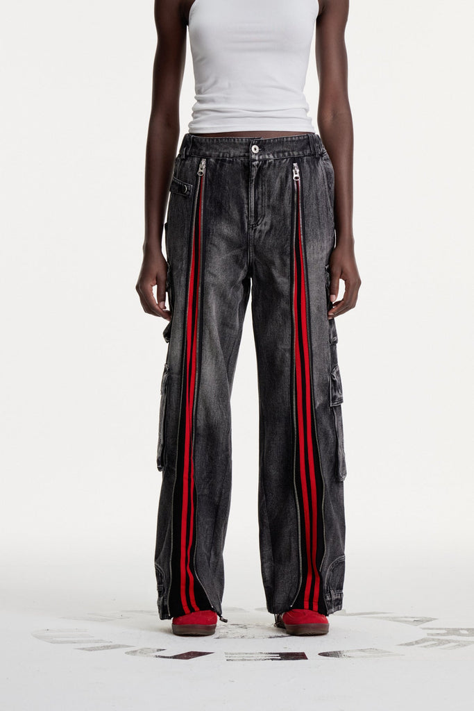 Colomba Zipper Stripe Cargo Jeans In Black - Stylish black dress for special occasions | Buy Online