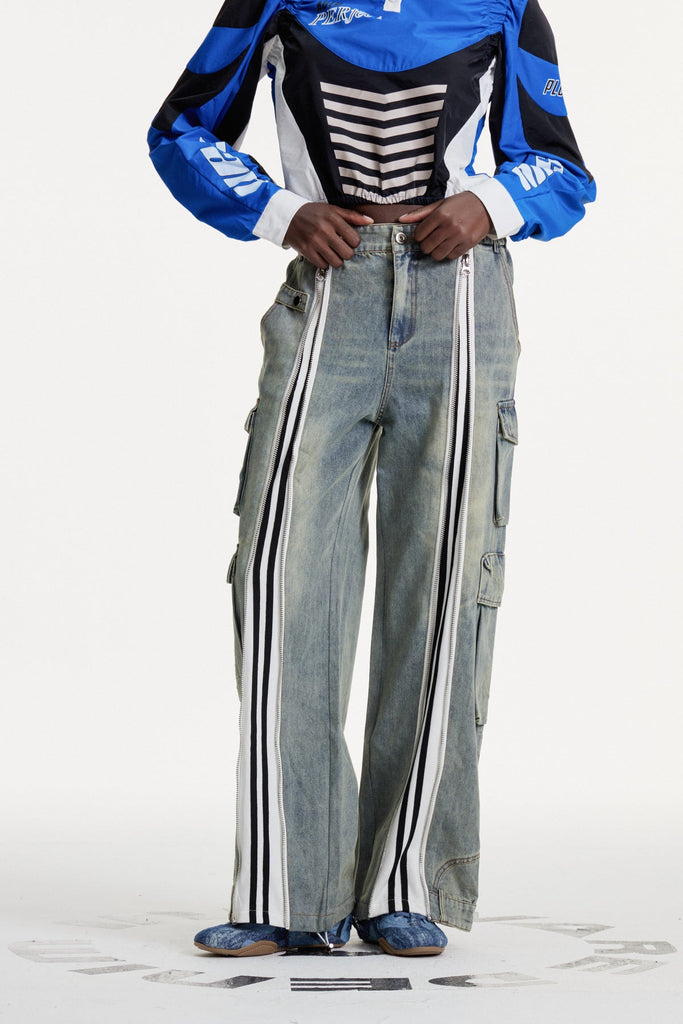 Stylish blue dress | Colomba Zipper Stripe Cargo Jeans In Blue - Ideal for special occasions