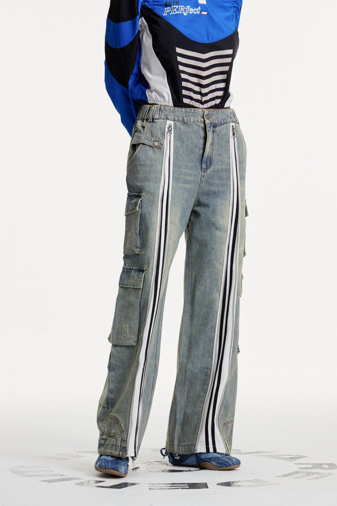 Colomba Zipper Stripe Cargo Jeans In Blue - Stylish blue dress for special occasions | Buy Online