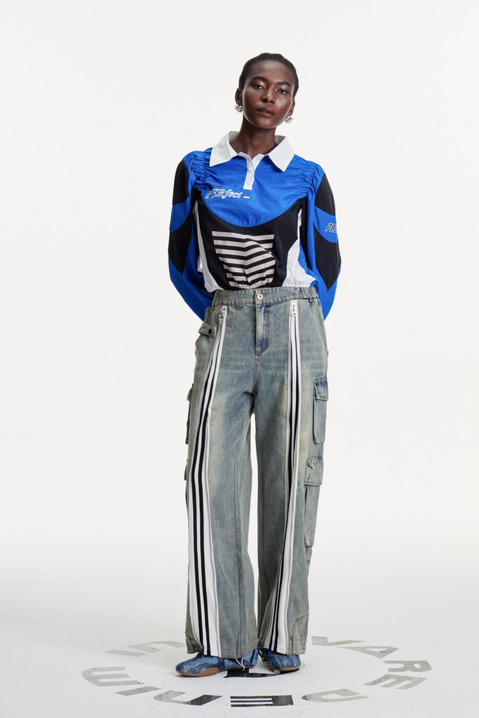 Colomba Zipper Stripe Cargo Jeans In Blue - Stylish blue dress for special occasions | Buy Online