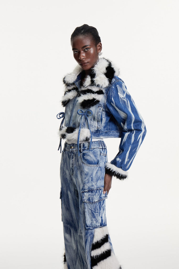 Colombe Print Faux Fur Denim Jacket - Stylish beautiful dress for special occasions | Buy Online