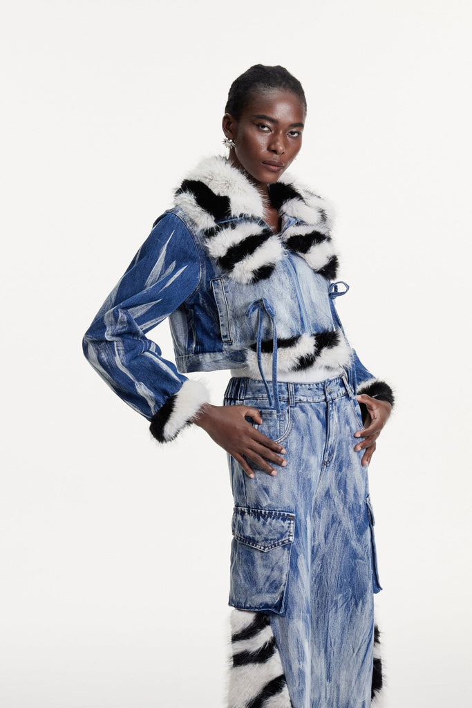 Shop  beautiful dress - Perfect for special occasions | Colombe Print Faux Fur Denim Jacket